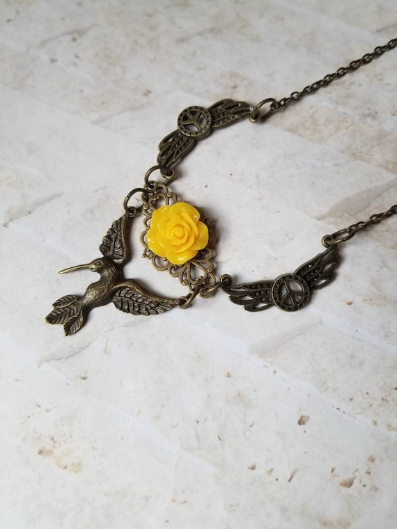 Victorian hummingbird necklace, yellow rose, bronze hummingbird, OOAK necklace, hummingbird jewelry, bronze wings, peace necklace, Victorian