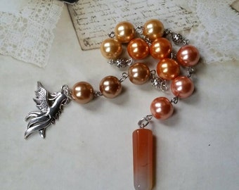 Lammas prayer beads, pagan prayer beads, Lughnasadh prayer beads, stainless steel, glass pearls, Phoenix charm, Carnelian pendulum point