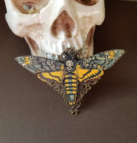 Deaths Head moth brooch, Death's head moth pin, bronze accents, wood lasercut moth, Hawk moth, Death head moth jewelry, unique brooch