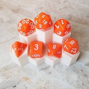 Opaque orange 16mm dnd dice with white numbers, polyhedral gaming dice, DnD dice set, RPG dice, gaming dice, set of 7 DnD dice