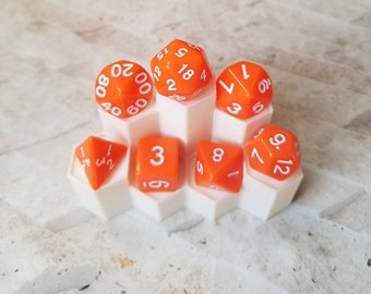 Opaque orange 16mm dnd dice with white numbers, polyhedral gaming dice, DnD dice set, RPG dice, gaming dice, set of 7 DnD dice