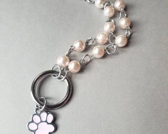 Kitten day collar, discreet day collar, pink glass beads, BDSM collar, O ring necklace, silver day collar, princess collar, pink paw