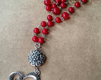 UU prayer beads, Unitarian Universalist prayer beads, stainless steel, red glass beads, red Malay Jade, silver bead, large heart charm