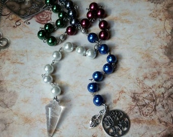 Yule prayer beads, pagan prayer beads, witches prayer beads, stainless steel, glass pearls, Clear Quartz pendulum, four seasons charm, leaf