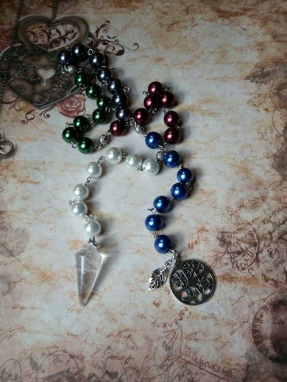 Pagan prayer beads, Yule prayer beads, witches prayer beads, stainless steel, glass pearls, Clear Quartz pendulum, four seasons charm, leaf