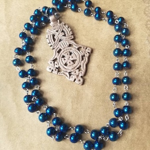 Koptische Gebetskette, äthiopische Gebetskette, koptische christliche Gebetskette, handgedreht, blauer Hämatit, großes koptisches Kreuz, Edelstahl, 64
