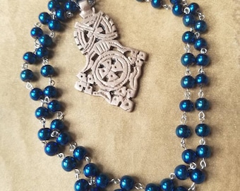 Coptic prayer beads, Ethiopian prayer beads, Coptic Christian prayer beads, hand wired, blue Hematite, large Coptic cross, stainless, 64