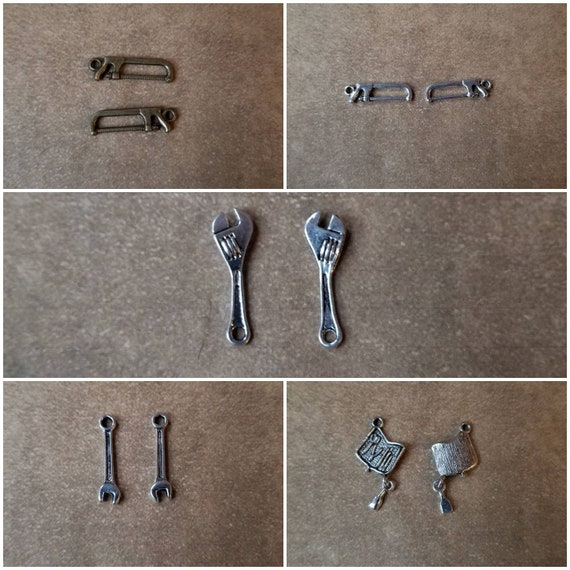 Destash charms, silver or bronze metal, tool charms, choice of five styles, hacksaw charms, wrench charms, toolbox charms, destash tools