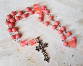 Anglican Prayer beads, Episcopal, Methodist, Protestant rosary, silver toned, hot pink rubberized glass beads, pink sea glass beads
