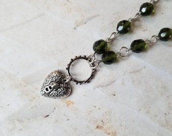 BDSM day collar, green Czech glass, discreet day collar, symbolic jewelry, BDSM collar, submissive collar, silver and gunmetal, O ring