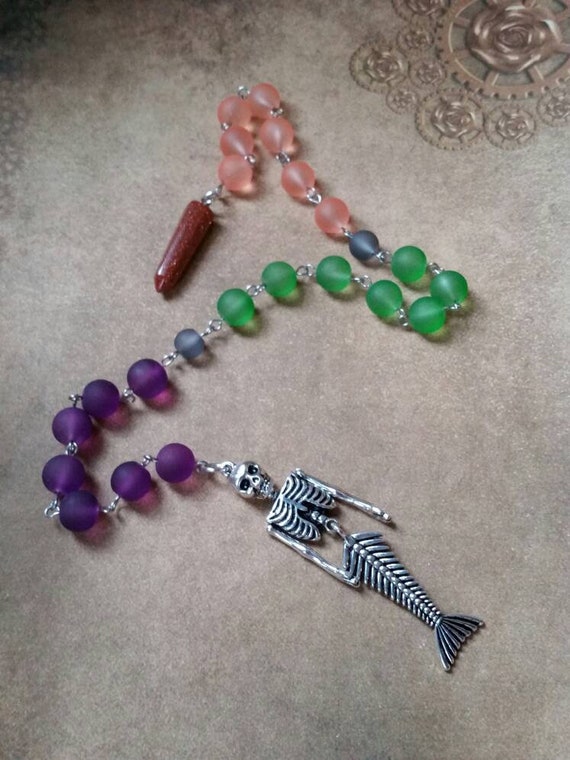 Samhain prayer beads, pagan prayer beads, Samhain witches prayer beads, stainless steel, sea glass, Goldstone pendulum, mermaid skeleton
