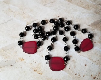 Orthodox prayer beads, Orthodox Chotki, stainless steel, Chotki, Komboskini, hand-wired, black glass beads, deep wine red recycled glass,