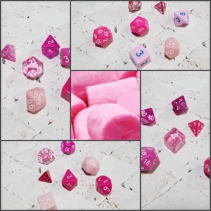 Bubblegum inspired 16mm dice sets, dnd dice sets, themed hand picked dnd dice, curated set, polyhedral dice, RPG dice, pink dice set