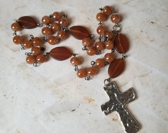Anglican prayer beads, Episcopal, Methodist, Protestant rosary, silver metal cross, gunmetal, brown milky glass beads, Golden Horn be