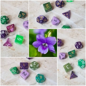 Violets in Springtime inspired 16mm dice sets, dnd dice sets, themed hand picked dnd dice, curated set, polyhedral dice, RPG dice,