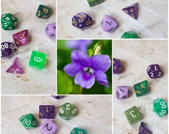 Violets in Springtime inspired 16mm dice sets, dnd dice sets, themed hand picked dnd dice, curated set, polyhedral dice, RPG dice,