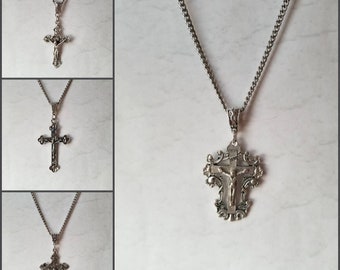 Crucifix pendant, crucifix necklace, cross jewelry, Christian jewelry, silver-toned metal crucifix, stainless steel chain