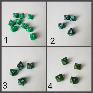May include: Four images showing different arrangements of green dice with white numbers. The dice are arranged in a variety of patterns, with some dice showing the same number and others showing different numbers.