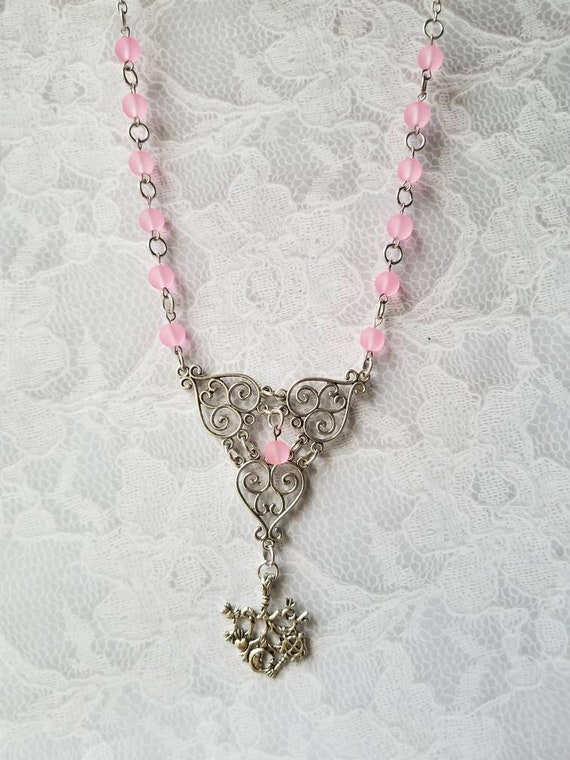 Cimaruta necklace, Cimaruta jewelry, Italian witches amulet, stainless steel pins, pink frosted glass, silver textured heart connectors
