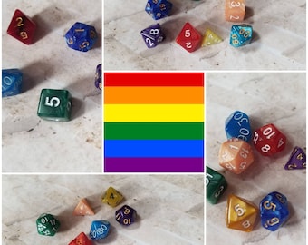 Rainbow pearlescent 16mm dice, hand chosen, curated set of polyhedral gaming dice, DnD dice set, RPG dice, set of 7 DnD dice, LGBTQ dice