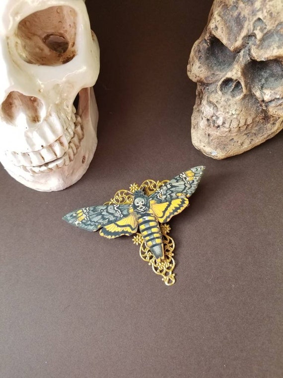 Deaths Head moth brooch, Death's head moth pin, antique gold accents, wood lasercut moth, Hawk moth, Death head moth jewelry, unique brooch
