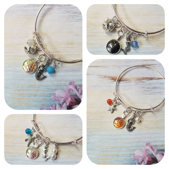 Nautical bracelet, charm bangle, charm bracelet, expandable bangle, silver metal bangle, mermaid scale bracelet, mermaid bangle, unique gift