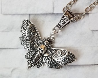 Death's Head moth pendant, Hawk moth necklace, silver-toned moth necklace, stainless steel chain, witchy necklace, ritual jewelry, moth