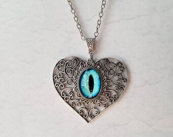 Dragon eye pendant, dragon eye necklace, silver-toned, cat eye jewelry, glass eye cabochons, fantasy pendant, Valentine's day gift, unique