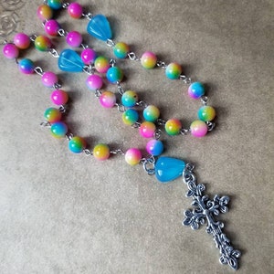 Orthodox prayer beads, Orthodox Chotki, multi-colored glass beads, blue glassbeads, floral cross, silver toned, Orthodox Chotki, Komboskini