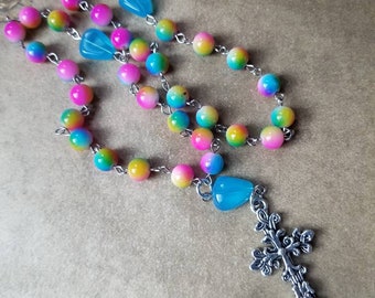Orthodox prayer beads, Orthodox Chotki, multi-colored glass beads, blue glassbeads, floral cross, silver toned, Orthodox Chotki, Komboskini