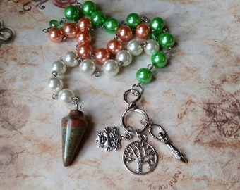 Beltane prayer beads, pagan prayer beads, witches prayer beads, stainless steel, glass pearls, Unakite pendulum, Goddess charm, Green Man