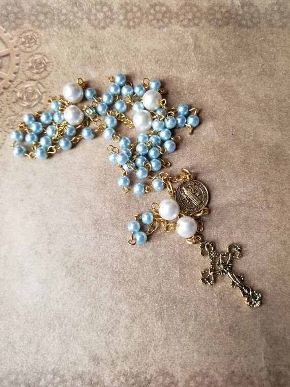 Five decade rosary, blue glass pearls, gold toned, white glass pearls, St Benedict center, filigree crucifix, Catholic rosary, OOAK