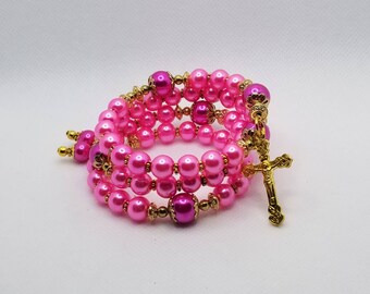 Five decade rosary bracelet, memory wire bracelet, wrap bracelet, hot pink glass pearls, gold toned budded crucifix, hand-wired, prayer bead