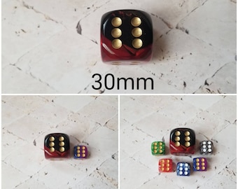 30mm Chessex Gemini Black and Red with Gold pips, Chessex 30mm die, Gemini black and red, mega titan d6, dnd dice, extra d6 dice