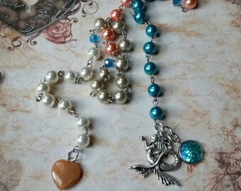 Summer prayer beads, pagan prayer beads, Beach themed prayer beads, stainless steel, glass pearls, Carnelian heart, mermaid scales, mermaid