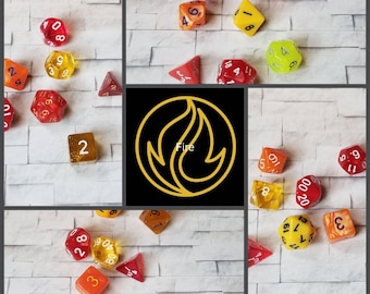 Sets of 7 Fire 16mm dnd dice, polyhedral gaming dice, DnD dice set, RPG dice, D and D dice, gaming dice, curated sets, elemental dice set