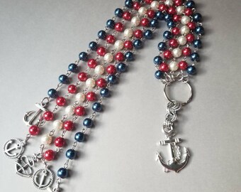 Baha'i prayer beads, Baha'i 95 bead prayer strand, new style, red, white, blue glass pearls, prayer aid, 5 strands of 19, anchor charms