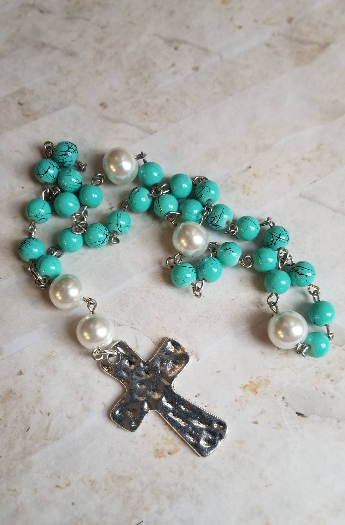 Episcopal prayer beads, Methodist rosary, Protestant rosary, Anglican Spiritual Meaning Of Blue And White Beads