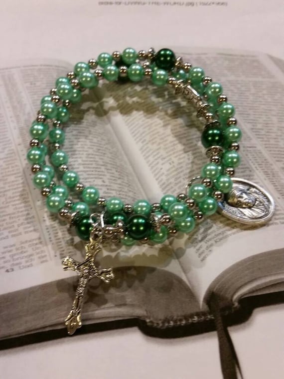 Rosary bracelet, five decade Catholic memory wire wrap bracelet, green glass pearls, silver, St. Mother Teresa medal, rosary bracelet