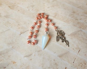 Beaded pendulum, divination, dowsing pendulum, gemstone pendulum, stainless steel, hand-wired, peach glass pearls, metal charm