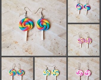 Whimsical earrings, kitschy earrings, lollipop earrings, food earrings, sucker earrings, stainless steel wires, candy earrings, kawaii