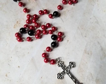 Lutheran prayer beads, Lutheran rosary, stainless steel, hand-wired, red  and black glass pearls, budded crucifix, religious prayer beads