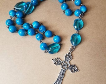 Anglican Prayer beads, Episcopal, Methodist, Protestant rosary, silver toned cross, blue glass beads, faceted glass beads, gunmetal eye pin
