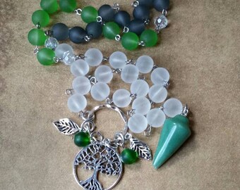 Yule prayer beads, pagan prayer beads, witches prayer beads, stainless steel, sea glass beads, Green Aventurine, tree of life charm, leaves