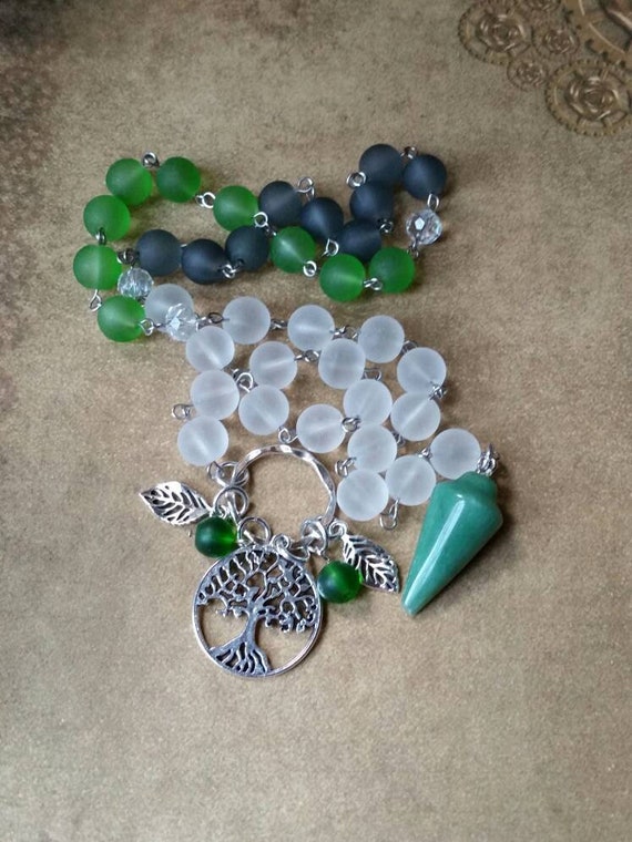 Pagan prayer beads, Yule prayer beads, witches prayer beads, stainless steel, sea glass beads, Green Aventurine, tree of life charm, leaves