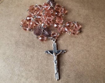 Orthodox prayer beads, Orthodox Chotki,  peach and gray faceted glass beads, budded crucifix, silver toned, Orthodox Chotki, Komboskini