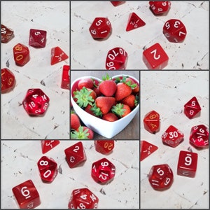 Strawberry inspired 16mm dice sets, dnd dice sets, themed hand picked dnd dice, curated set, polyhedral dice, RPG dice, red dice set