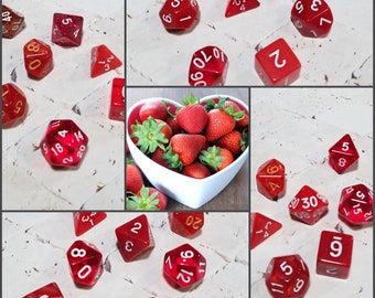 Strawberry inspired 16mm dice sets, dnd dice sets, themed hand picked dnd dice, curated set, polyhedral dice, RPG dice, red dice set