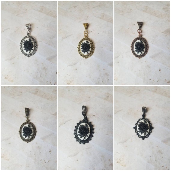 Rose cameo pendant, rose cameo necklace, black rose cameo, Goth cameo necklace, blac rose cameo pendant, floral cameo pendant, cameo jewelry