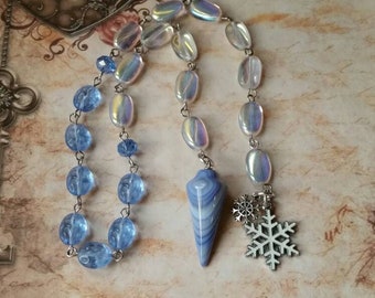 Winter prayer beads, pagan prayer beads, stainless steel, Ice and snow prayer beads, iridescent beads, Snowflake charms, blue gemstone